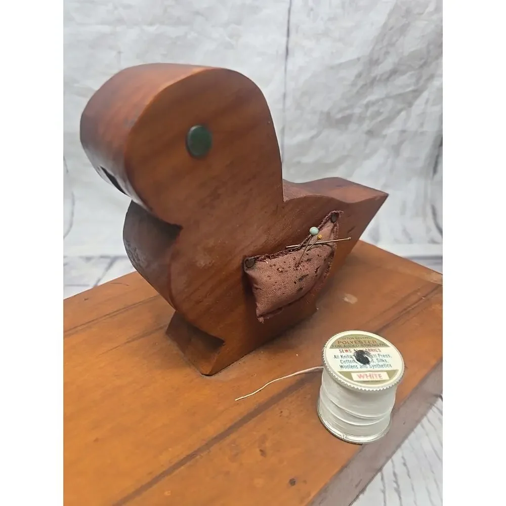 Vintage Wooden Figural Bird Sewing Caddy Stand with Drawer